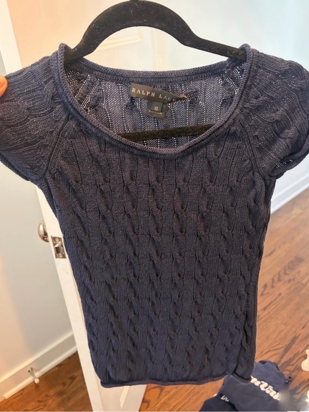 Vintage Ralph Lauren Navy Cable Knit Scoop Neck Short Sleeve Sweater